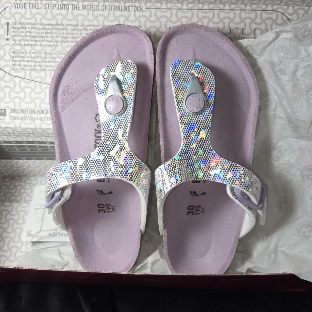 NIB* Birkenstock Kids Gizeh Glitter Sandals - Silver, Size 12-12.5 Narrow Fit